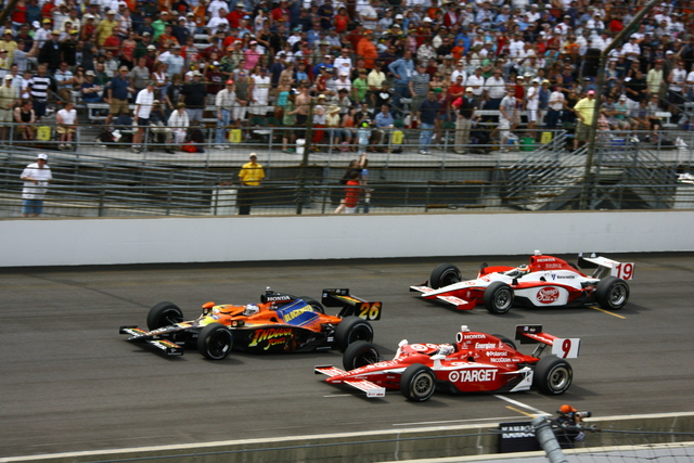 #26 Marco Andretti leads #9 Scott Dixon and #19 Mario Moraes during the 92nd Indianapolis 500. -- Photo by: Jim Haines