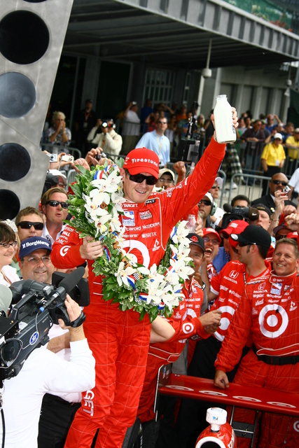 Target Chip Ganassi race car driver #9 Scott Dixon, holds his victory milk high after winning the 92nd Indianapolis 500. -- Photo by: Jim Haines