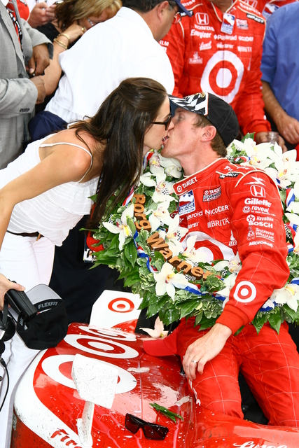 Scott Dixon gets a kiss from his wife after winning the 92nd Indianapolis 500. -- Photo by: Jim Haines