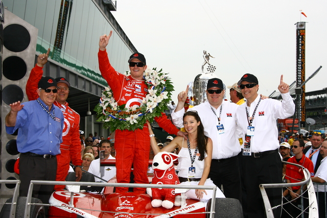 Scott Dixon celebrates after winning the 92nd Indianapolis 500. -- Photo by: Jim Haines