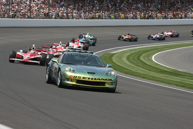 Emerson Fittipaldi leads the field on pace laps during the 92nd Indianapolis 500. -- Photo by: Steve Snoddy