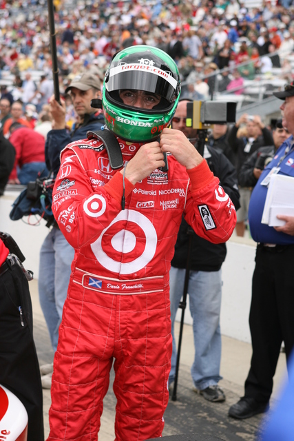 2007 Indianapolis 500 champion Dario Franchitti suits up for his pole run. -- Photo by: Steve Snoddy