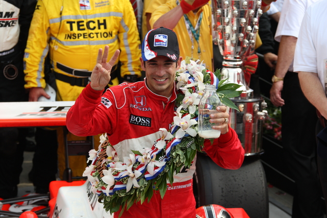 Helio Castroneves signifies the number of Indianapolis 500 victories. -- Photo by: Dana Garrett