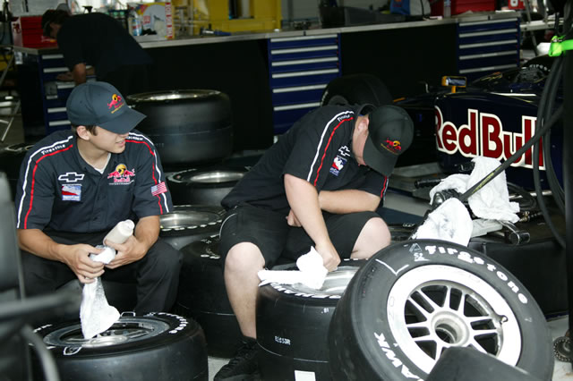 Red Bull Cheever Racing Crew members preparing for practice. -- Photo by: Ron McQueeney