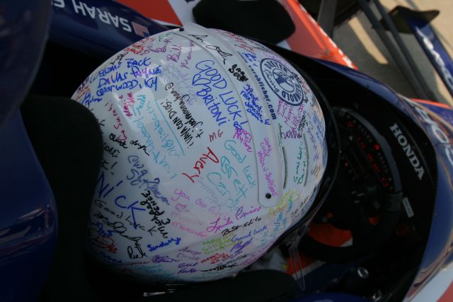 Sarah Fisher's signed helmet. -- Photo by: Chris Jones