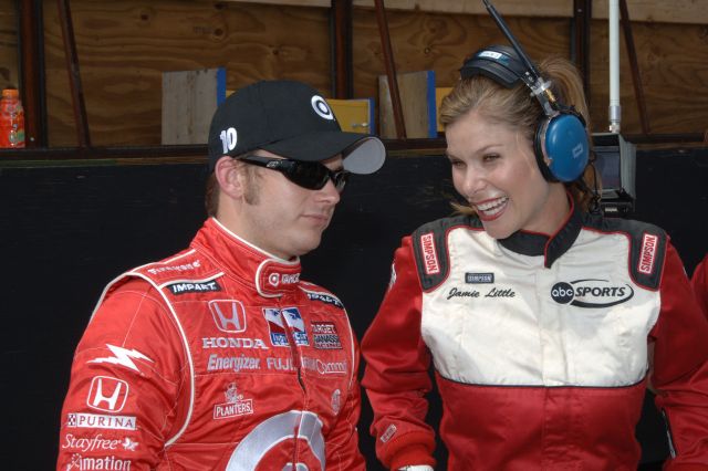 Dan Wheldon gets interviewed by ABC reporter Jamie Little before the race at Kentucky. -- Photo by: Jim Haines