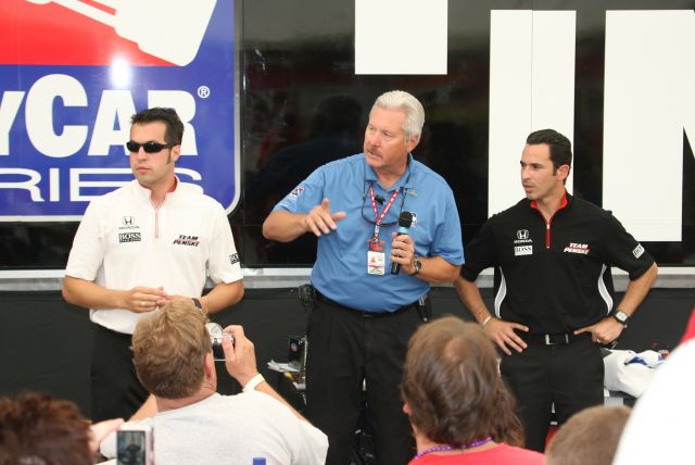 Helio Castroneves and Sam Hornish Jr. during the Indy Down Force question and answer session at Kentucky Speedway on race day. -- Photo by: Steve Snoddy