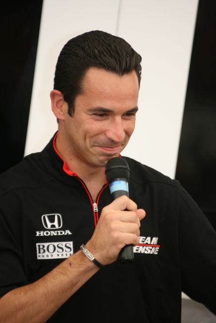 Helio Castroneves during an Indy Down Force question and answer session at Kentucky Speedway on race day. -- Photo by: Steve Snoddy