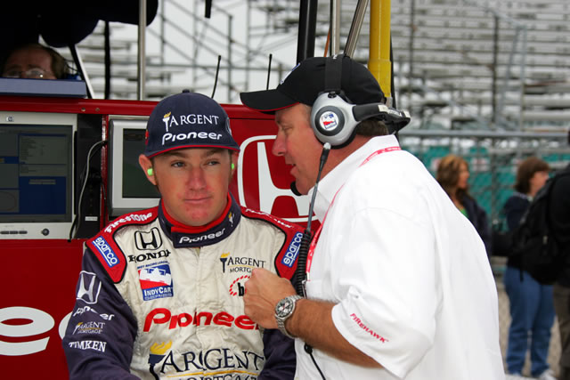 Rahal-Letterman Racing driver Buddy Rice, left, confers with IRL official, Brian Barnhart -- Photo by: Ron McQueeney