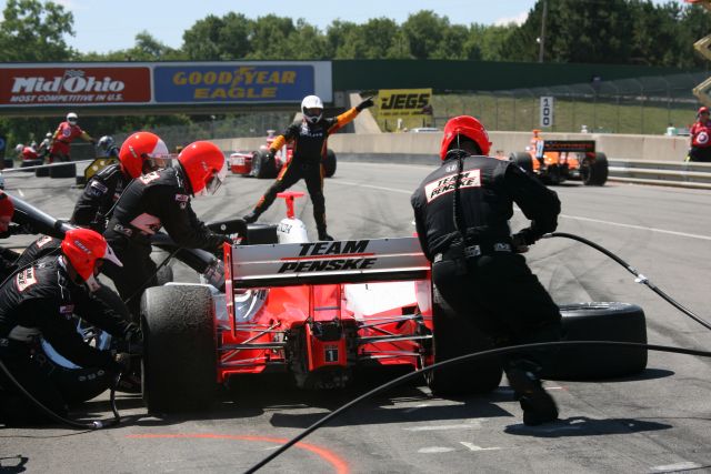 Helio Castroneves in the pits during the Honda 200 at Mid-Ohio. -- Photo by: Chris Jones