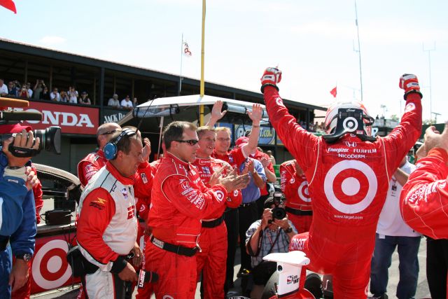 Scott Dixon celebrates with his crew after winning the Honda 200 at Mid-Ohio. -- Photo by: Chris Jones