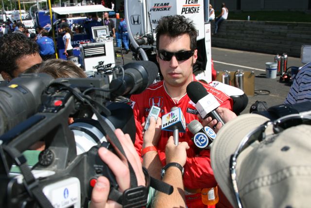 Sam Hornish Jr. gets interviewed after spinning during the Honda 200 at Mid-Ohio. -- Photo by: Chris Jones
