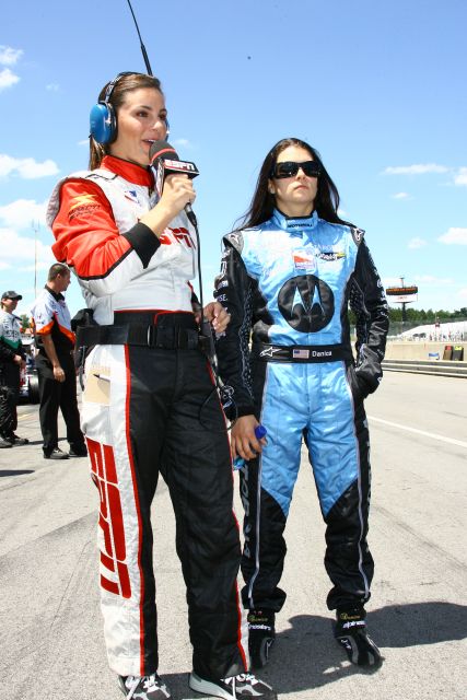 Brienne Pedigo interviews Danica Patrick on pit lane before the start of the Honda 200 at Mid-Ohio. -- Photo by: Jim Haines