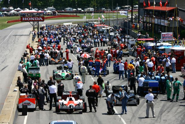 The IndyCar are gridded on pit lane before the start of the Honda 200 at Mid-Ohio. -- Photo by: Jim Haines