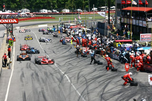 IndyCar enter pits during the Honda 200 at Mid-Ohio. -- Photo by: Jim Haines