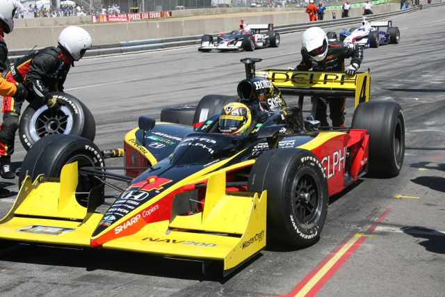 Vitor Meira gets a push out of the pits during the Honda 200 at Mid-Ohio. -- Photo by: Shawn Payne