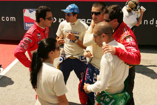Starting with Danica moving clockwise-Castroneves, Meira, Franchitti, Herta and Kanaan -- Photo by: Michael Voorhees