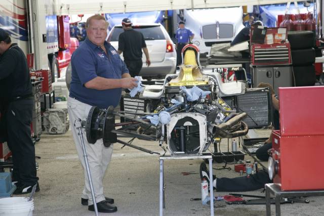 AJ Foyt repairs his grandson\'s damage from morning warm-up. -- Photo by: Shawn Payne