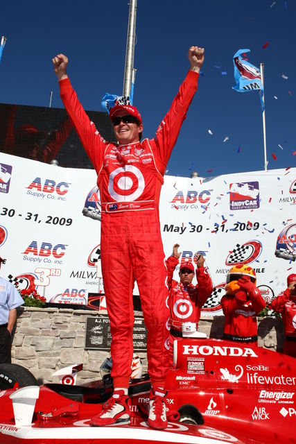 Scott Dixon celebrates his win in the ABC Supply/A.J. Foyt 225 at The Milwaukee Mile. -- Photo by: Dan Helrigel