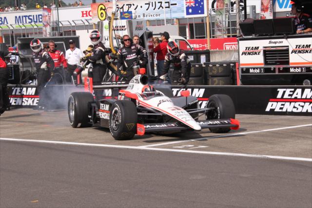 Helio Castroneves exits pit lane on his way to victory. -- Photo by: Ron McQueeney