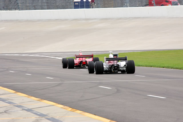 IndyCar drivers exit Nashville Superspeedway pit during first day of practice -- Photo by: Ron McQueeney
