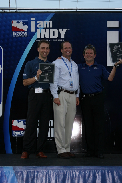 Grand Marshals Max Angelelli, left, and Wayne Taylor, right, show off their plaques before the start of the SunTrust Indy Challenge at Richmond. -- Photo by: Chris Jones