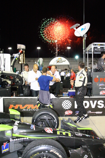 Fireworks light up the sky after #11 Tony Kanaan takes the checkered to win the SunTrust Indy Challenge at Richmond International Raceway. -- Photo by: Shawn Payne