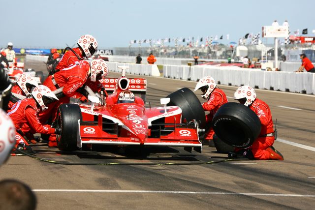 Scott Dixon in the pit stop getting his tires changed. -- Photo by: Jim Haines