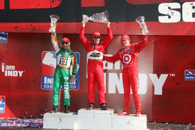 Tony Kanaan(left), Helio Castroneves, and Scott Dixon celebrate together. -- Photo by: Shawn Payne