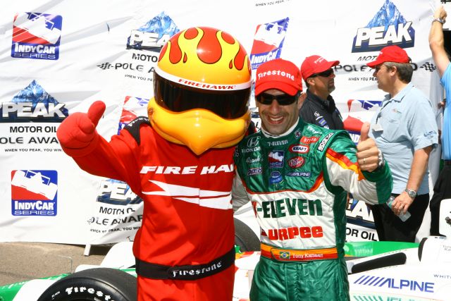 Tony Kanaan poses with the Firestone Firehawk after winning the Peak Motor Oil Pole Award at St. Petersburg. -- Photo by: Jim Haines