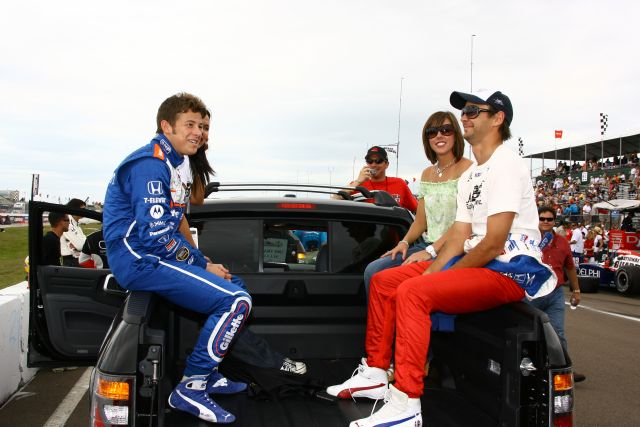 Drivers Marco Andretti,left, and Darren Manning prepare for driver introduction tour of road course. -- Photo by: Jim Haines