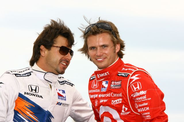 #5 Oriol Servia, left, and #10 Dan Wheldon make their way around road course during driver introductions. -- Photo by: Jim Haines