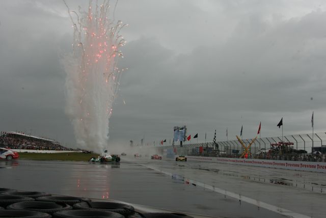 Fireworks mark end of Grand Prix of St. Petersburg as winner Graham Rahal takes the checker flag. -- Photo by: Steve Snoddy