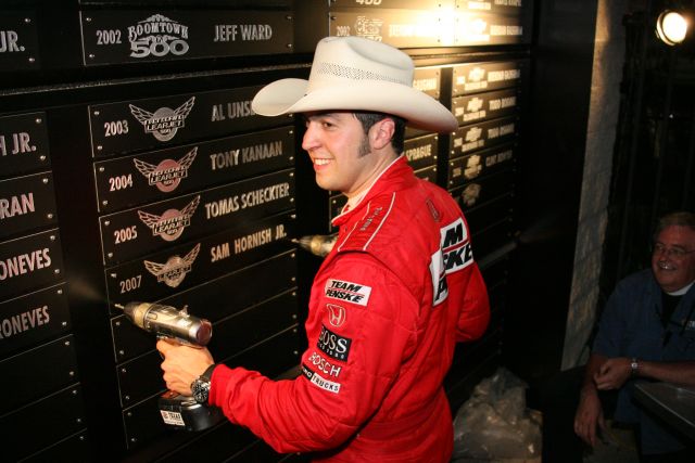Sam Hornish Jr. puts his name on the winner's list at Texas Motor Speedway following his victory in the Bombardier Learjet 550k. -- Photo by: Shawn Payne