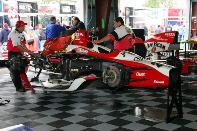 Dan Wheldon\'s car in the garage before the race -- Photo by: Shawn Payne