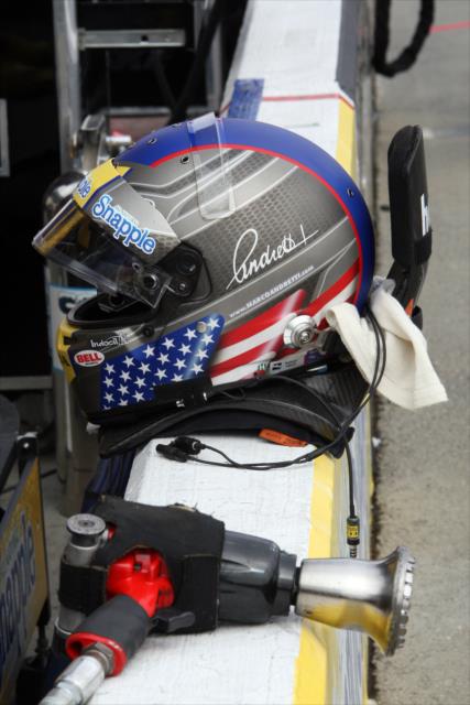 The helmet of Marco Andretti sits idle prior to qualifications the GoPro Grand Prix of Sonoma at Sonoma Raceway -- Photo by: Richard Dowdy