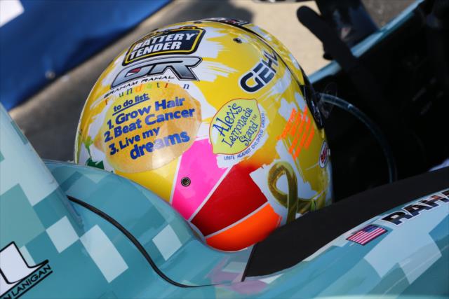 Graham Rahal shows off the his new helmet prior to the morning warmup for the GoPro Grand Prix of Sonoma at Sonoma Raceway -- Photo by: Chris Jones