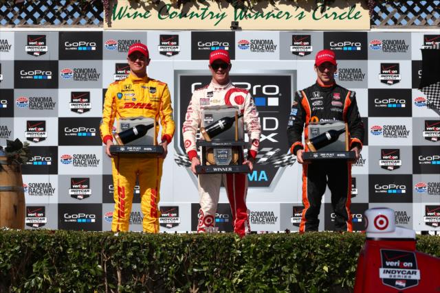 The podium of Scott Dixon, Ryan Hunter-Reay, and Simon Pagenaud with their trophies after the GoPro Grand Prix of Sonoma at Sonoma Raceway -- Photo by: Chris Jones