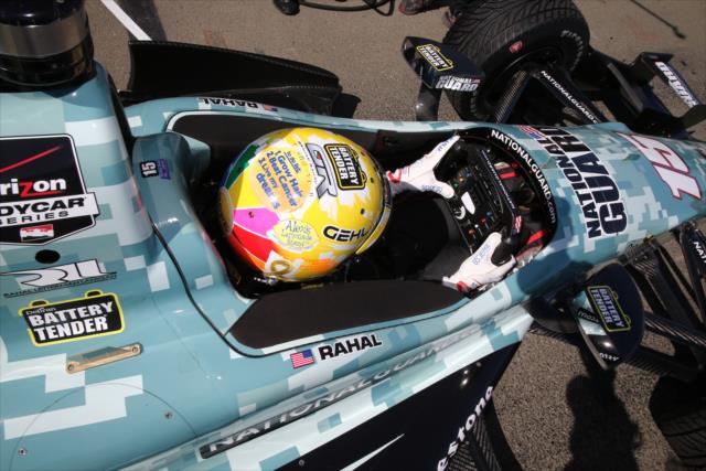 Graham Rahal shows off the his new helmet prior to the morning warmup for the GoPro Grand Prix of Sonoma at Sonoma Raceway -- Photo by: Chris Jones