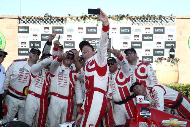 Scott Dixon and his Target Chip Ganassi Racing team take a selfie in Victory Lane after winning the GoPro Grand Prix of Sonoma at Sonoma Raceway -- Photo by: Chris Jones