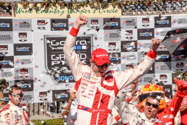 Scott Dixon celebrates his win in Victory Circle after the GoPro Grand Prix of Sonoma at Sonoma Raceway -- Photo by: John Cote