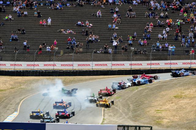 Cars take evasive action during the start of the GoPro Grand Prix of Sonoma at Sonoma Raceway -- Photo by: John Cote