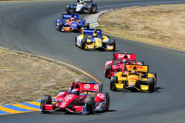 Scott Dixon leads the field through the backstretch esses during the GoPro Grand Prix of Sonoma at Sonoma Raceway -- Photo by: John Cote