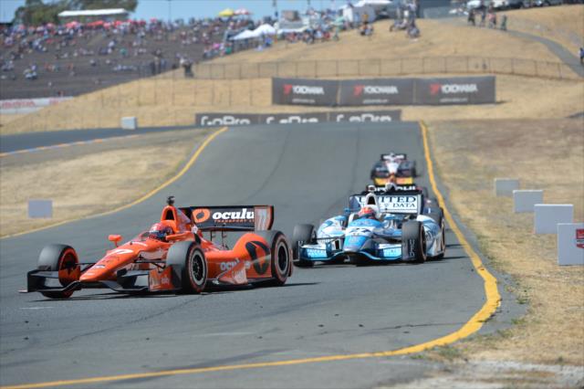 Simon Pagenaud leads James Hinchcliffe into the Turn 9 Chicane during the GoPro Grand Prix of Sonoma at Sonoma Raceway -- Photo by: John Cote