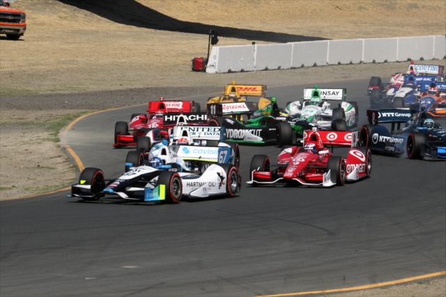 Josef Newgarden leads a group as contact is made back in the pack during the start of the GoPro Grand Prix of Sonoma at Sonoma Raceway -- Photo by: Richard Dowdy