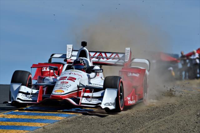 Simon Pagenaud kicks up a little dust cresting the Turn 3 hill during practice for the GoPro Grand Prix of Sonoma at Sonoma Raceway -- Photo by: John Cote