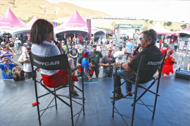 Mario Andretti speaks to a gathered crowd in the INDYCAR Fan Village during a Q&A session at Sonoma Raceway -- Photo by: Richard Dowdy