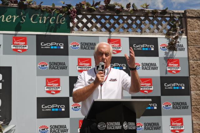 Roger Penske speaks from the Winner's Circle after being inducted into the Sonoma Raceway Hall Of Fame -- Photo by: Richard Dowdy