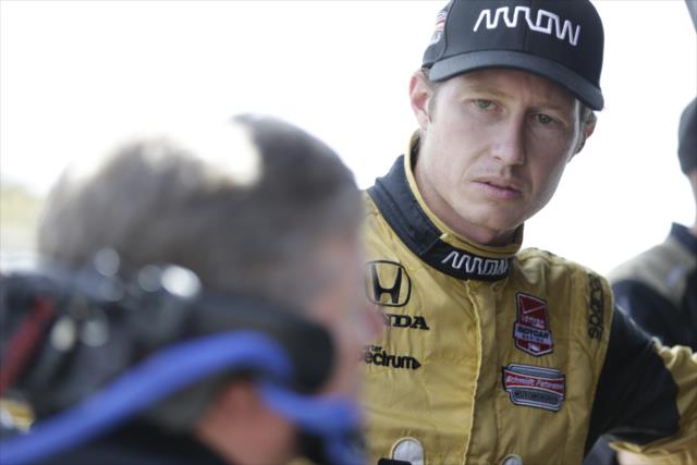 Ryan Briscoe chats with team owner Sam Schmidt following practice for the GoPro Grand Prix of Sonoma at Sonoma Raceway -- Photo by: Shawn Gritzmacher
