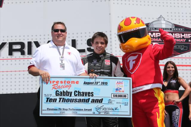 Gabby Chaves accepts the Firestone Pit Stop Performance award for Bryan Herta Autosport for their performance in Pocono -- Photo by: Chris Jones